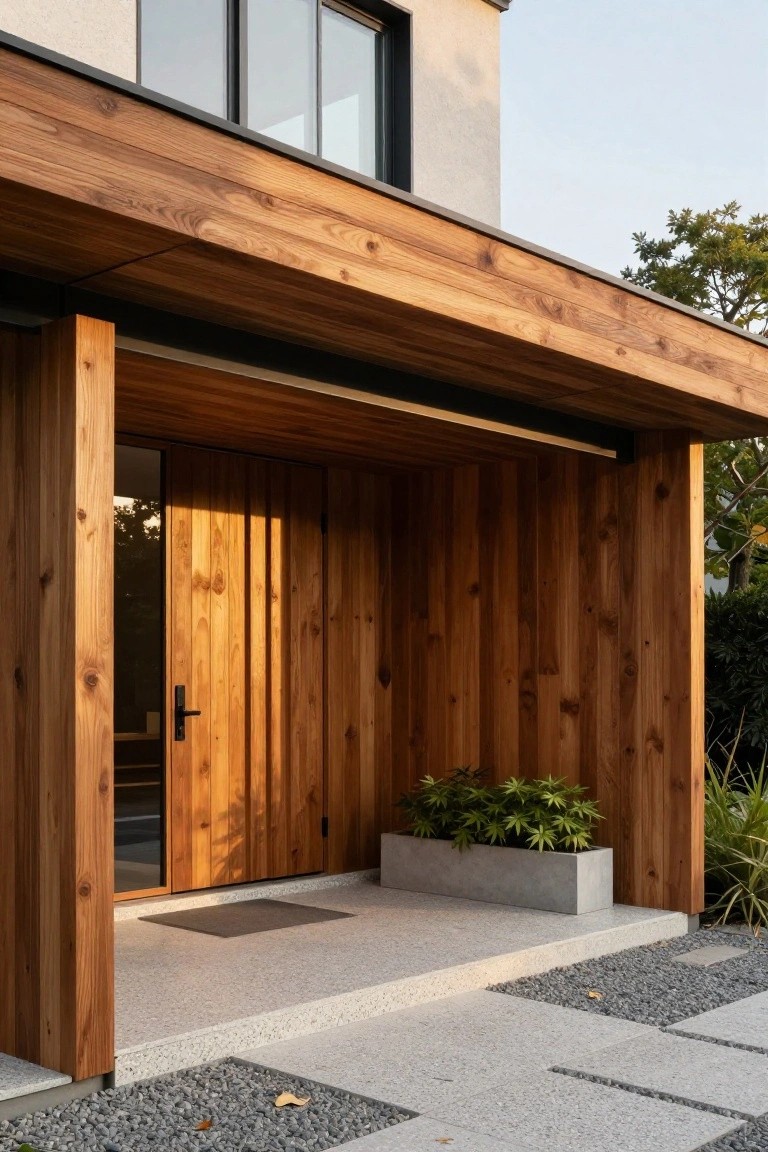 Modern house facade with a recessed wooden entry door under a timber overhang and canopy, flanked by vertical wood panels, a white rectangular planter with green foliage, and a concrete step to patterned gravel ground.
