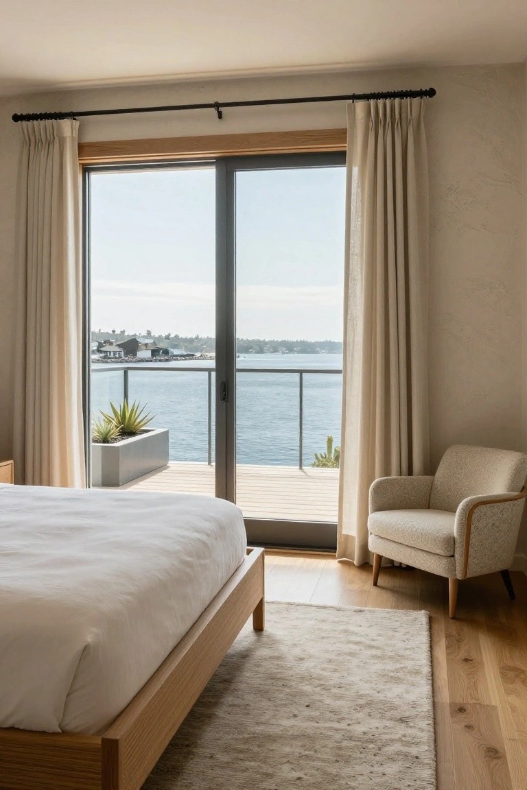 Minimalist bedroom with low wooden platform bed, beige armchair on oak floors, neutral rug, and open sliding glass doors to a balcony overlooking water with potted agave plant on deck.