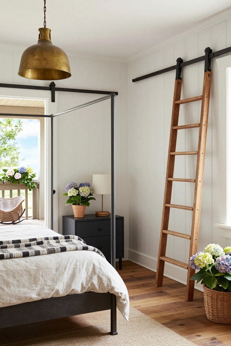 Bedroom with white shiplap walls, black metal canopy bed frame, wooden nightstand, potted hydrangeas, tall wooden ladder leaning on wall, brass pendant light overhead, and open black sliding barn door to balcony with wicker rocking chair, hydrangea plants on railing, and view of trees and sky.