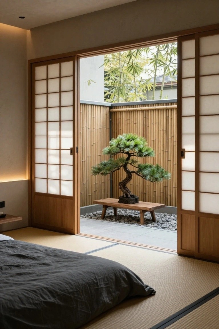 Minimalist Japanese bedroom with tatami floor, low gray futon bed, and open shoji sliding doors revealing a small courtyard with bonsai pine tree on wooden bench, bamboo fencing, gravel ground, and bamboo plants.