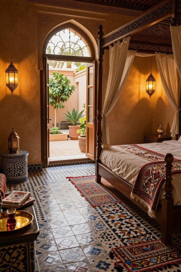 Moroccan-style luxury bedroom featuring a wooden four-poster bed with white sheer curtains, open arched doors to a courtyard with potted plants and trees, blue and white zellige tiled floors, brass lanterns, and colorful rugs.