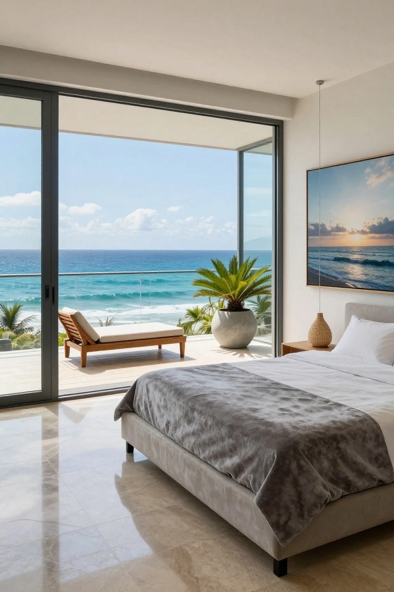 Modern bedroom with gray upholstered bed, white pillows, gray throw blanket, nightstand with rattan lamp, large ocean sunset artwork on wall, and floor-to-ceiling sliding glass doors open to balcony with wooden daybed, potted palm plant, and turquoise ocean view.