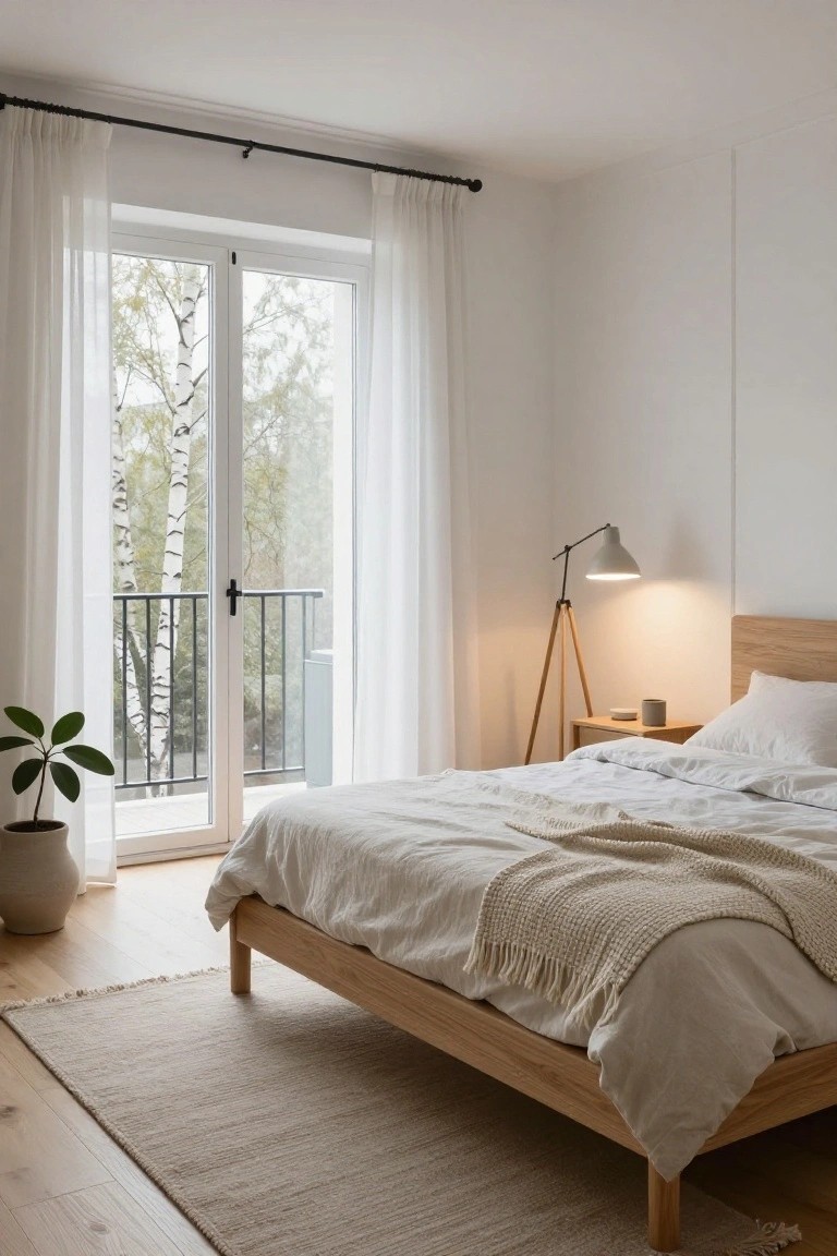 Minimalist white bedroom with oak frame bed covered in white linens and knit throw, sheer curtains on glass balcony doors overlooking birch trees and black railing, tripod floor lamp and wooden nightstand with mug, potted plant on light wood floor.