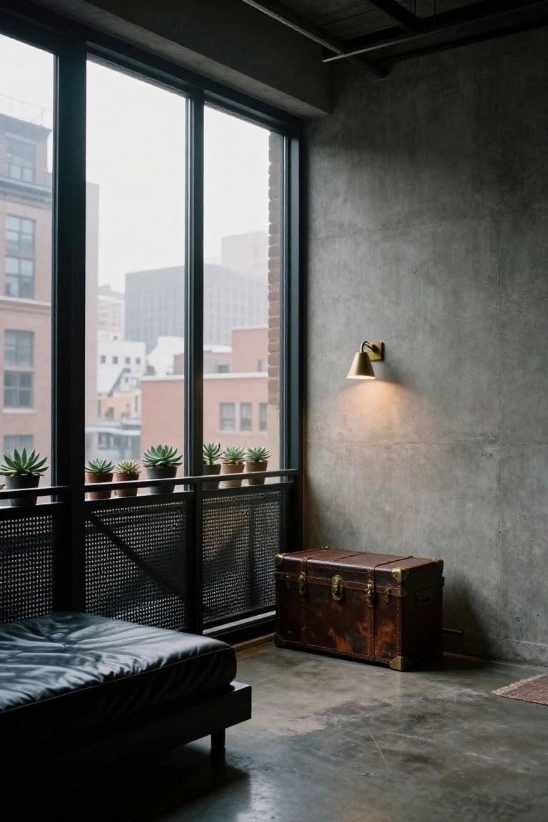 Industrial-style bedroom with exposed concrete walls and polished concrete floor, low black leather bed, vintage brown leather trunk nearby, potted succulents on metal balcony railing outside large glass windows, wall sconce lit, and urban cityscape view.
