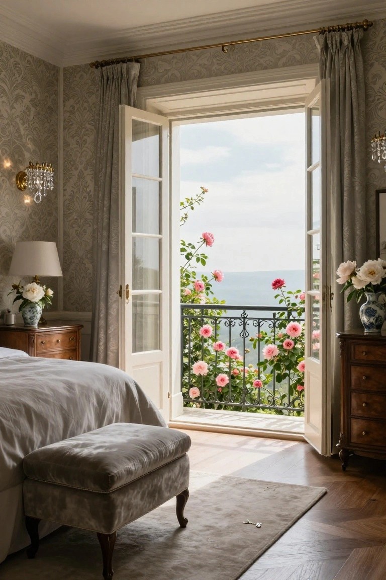 Luxury bedroom with beige damask wallpaper, open French doors to a balcony covered in pink climbing roses on a black wrought-iron railing, overlooking distant hills, with a gray upholstered bed, side tables holding lamps and vases, and hardwood floors.