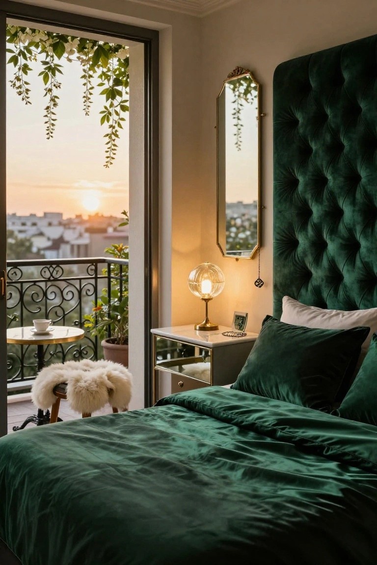 Bedroom with tufted emerald green velvet headboard and matching bedding, white pillows, bedside table with lamp, open balcony doors with plants and city sunset view.