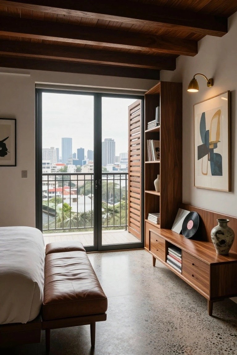 Modern bedroom with white bed, brown leather bench at foot, wooden credenza with vinyl record and vase, tall open wooden bookshelf with books next to partially open louvered sliding glass doors to balcony overlooking urban skyline, exposed wood beam ceiling and speckled concrete floor.