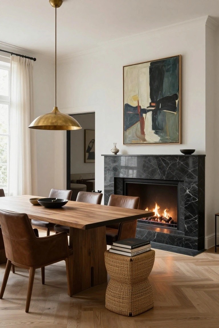 Modern dining area with rectangular wooden table, brown leather armchairs, black bowls on table, positioned next to black marble fireplace with gas fire burning, gold pendant light overhead, abstract painting on wall, herringbone wood floor.
