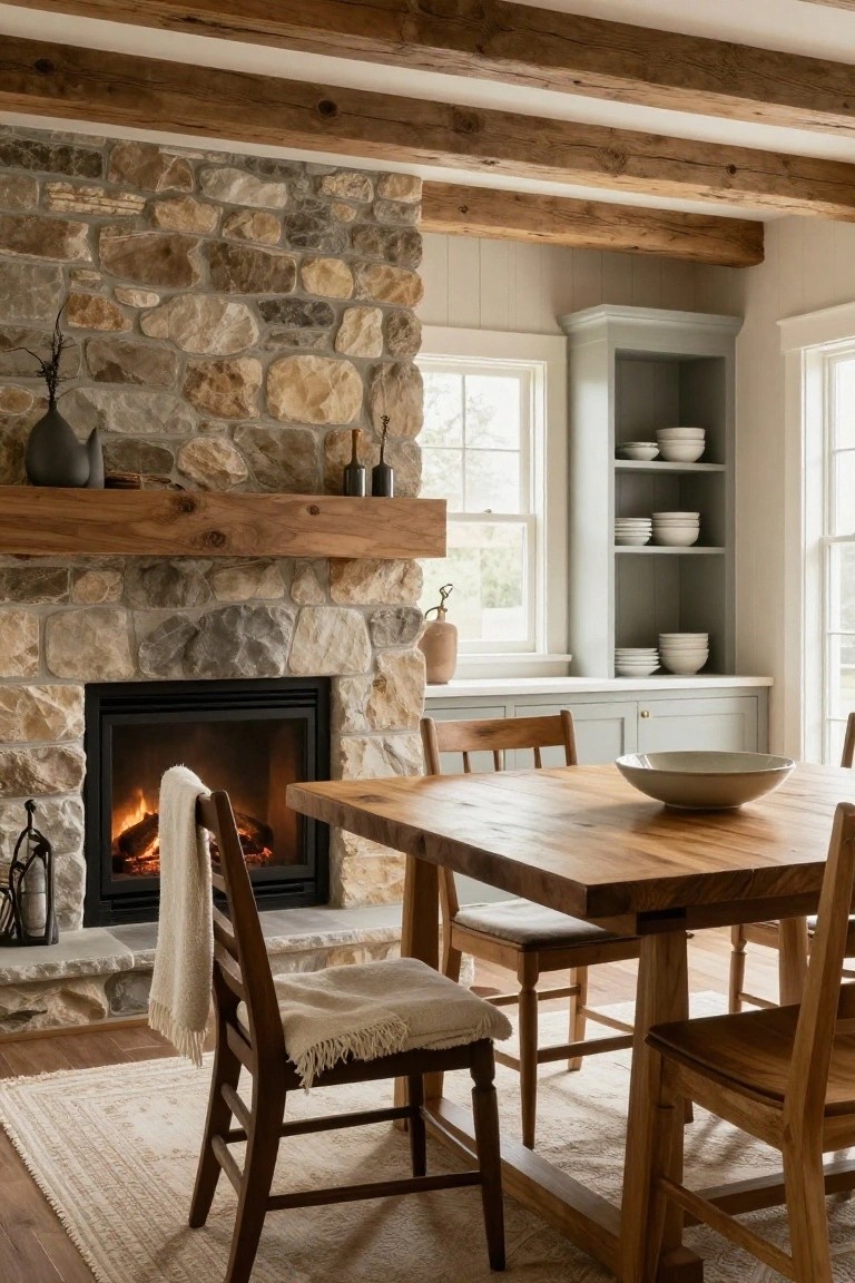 A cozy interior with a large stone fireplace, wooden mantel, exposed beam ceiling, farm-style dining table with chairs, and neutral walls and cabinetry in the corner.