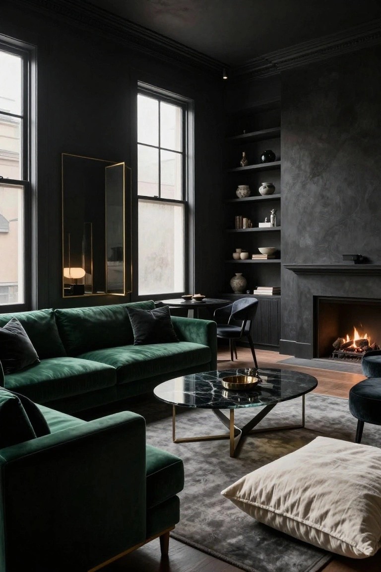 A moody living room with dark textured walls, an L-shaped emerald green velvet sofa, black marble coffee table, and lit fireplace with built-in shelves.