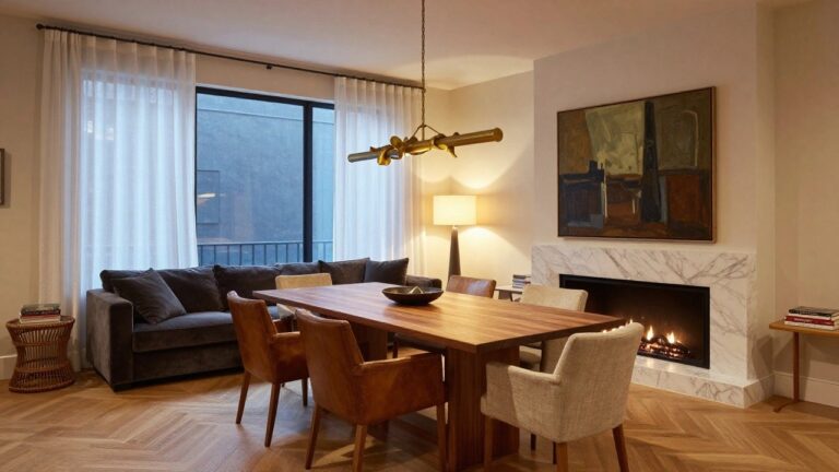 Modern dining area with rectangular wooden table, brown leather armchairs, black bowls on table, positioned next to black marble fireplace with gas fire burning, gold pendant light overhead, abstract painting on wall, herringbone wood floor.