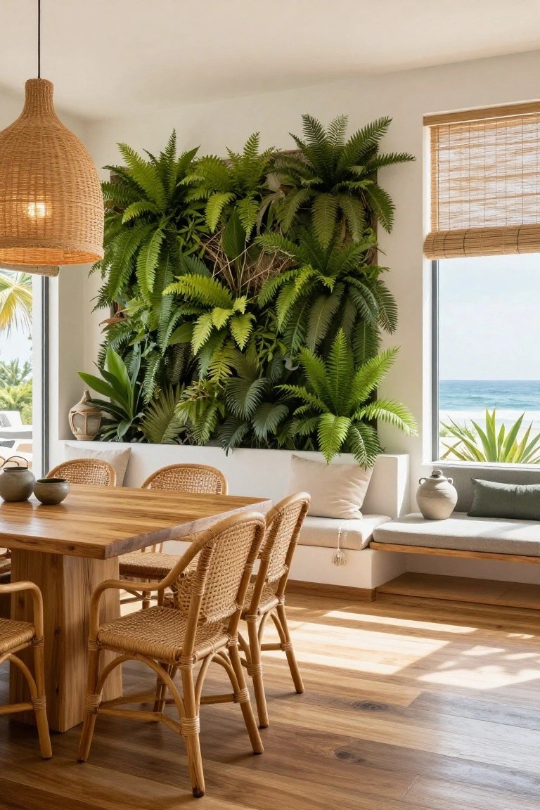 Dining area with rattan chairs around a wooden table, built-in cushioned bench, large vertical wall of green ferns, woven pendant light, and window showing ocean and palms through bamboo blinds.