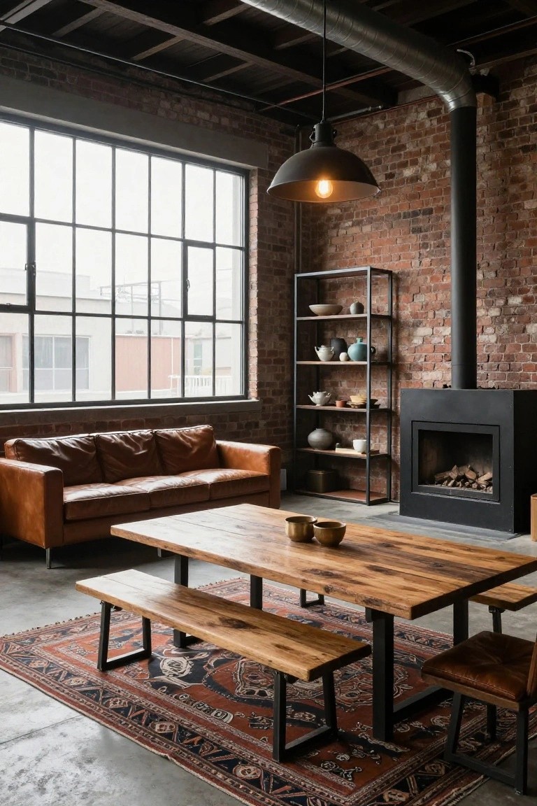 Industrial interior with exposed brick walls, large metal pendant light, brown leather sofa, reclaimed wood dining table with black metal legs and benches, metal shelves holding ceramics, black fireplace, and large factory-style windows.