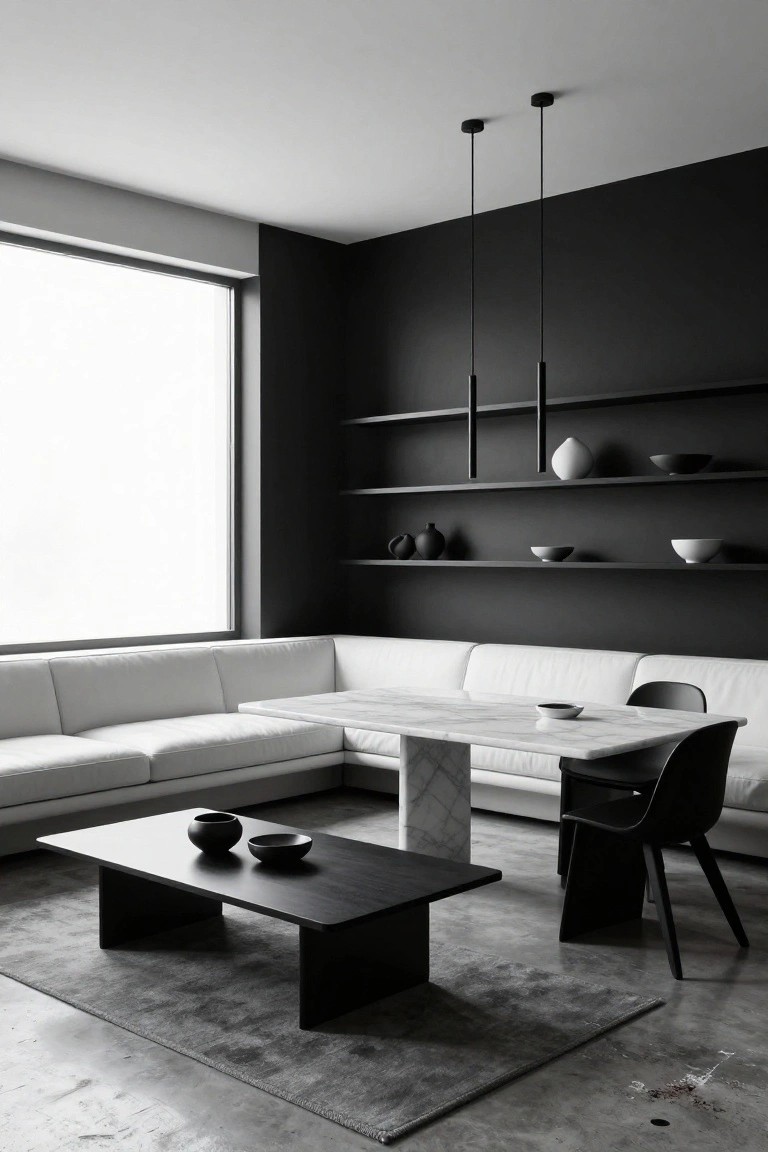 Minimalist living room interior with black walls, white L-shaped sofa adjacent to white marble dining table with black chairs, floating black shelves holding ceramics, two black pendant lights, low black coffee table, gray rug, and large window.