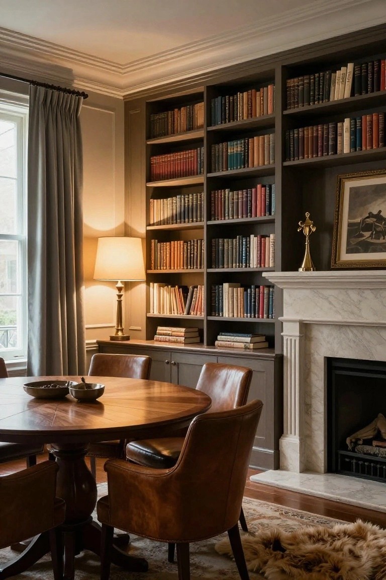 Interior room with tall gray built-in bookshelves filled with colorful books, white marble fireplace, round wooden pedestal dining table with four tan leather armchairs, brass table lamp, and window with gray curtains.
