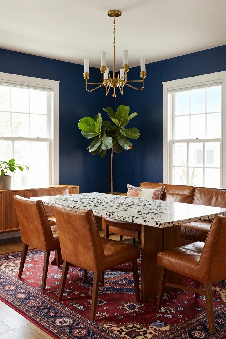 Corner dining room with navy blue walls, two multipane windows, gold chandelier, potted plants including a tall fiddle leaf fig, wooden credenza, terrazzo-topped dining table with tan leather chairs, and red Persian rug on wood floor.