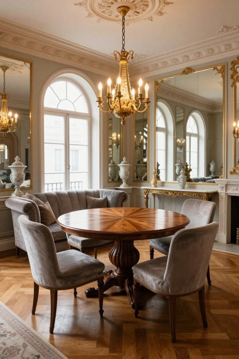 A luxurious interior room featuring a round wooden dining table with grey velvet chairs, a curved grey velvet sofa, gold-framed mirrors, a chandelier, porcelain vases, and arched windows with natural light.