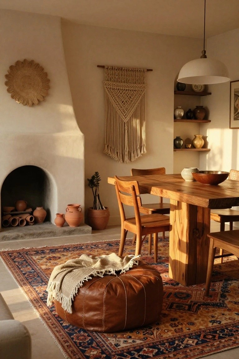Interior view of a dining table made from natural wood with wooden chairs, a tan leather pouf, terracotta pots near a white adobe fireplace, macrame wall hanging, and a colorful Persian-style rug on the floor.