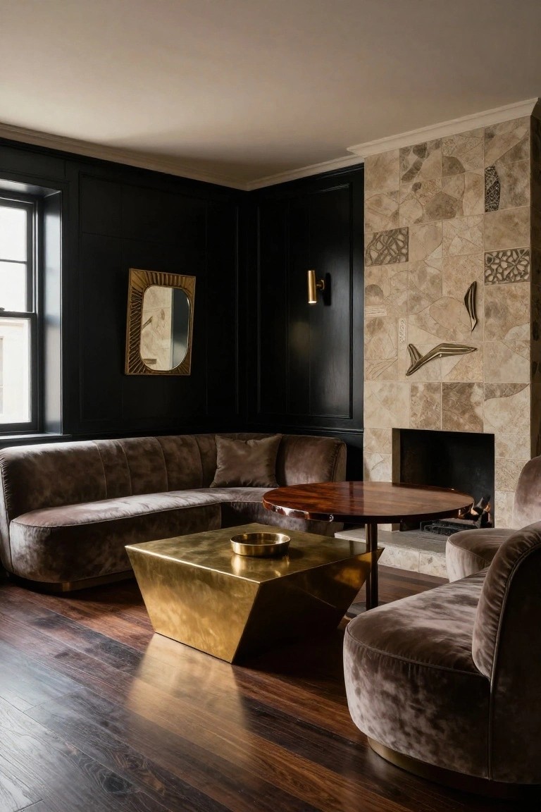Dark paneled living room with black walls, stone fireplace accented by brass sculptures and tile, gold mirror, tufted brown velvet L-shaped sofa, geometric brass cube coffee table, round wood pedestal table, and two velvet pouf chairs on brown wood floors.