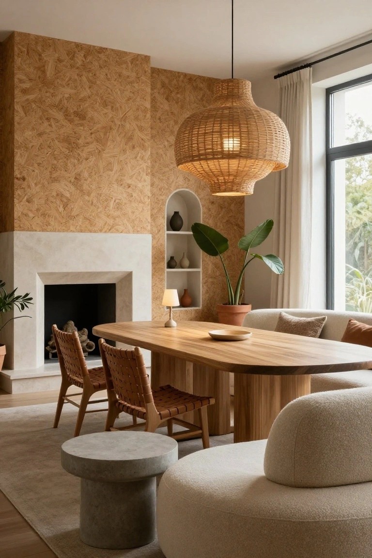 Modern interior of a living-dining room featuring a tall textured orange wood panel wall with arched niche and shelves, white stone fireplace, oval oak dining table with rattan chairs, large woven rattan pendant light, potted plants, and curved cream fabric sofa.