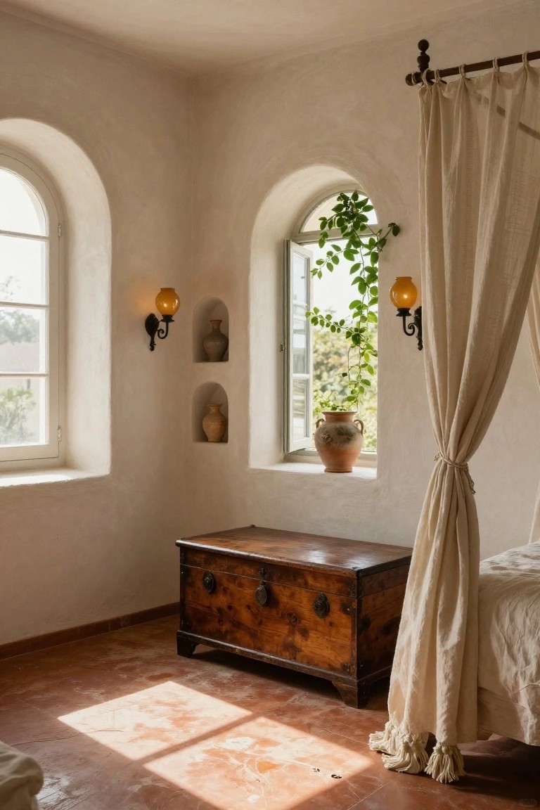Sunlit bedroom corner with whitewashed walls, two arched windows holding climbing plants and a large terracotta pot, wall sconces with yellow glass shades, small pottery on niches, antique wooden chest with metal fittings, and canopy bed draped in cream linen on terracotta tile floor.
