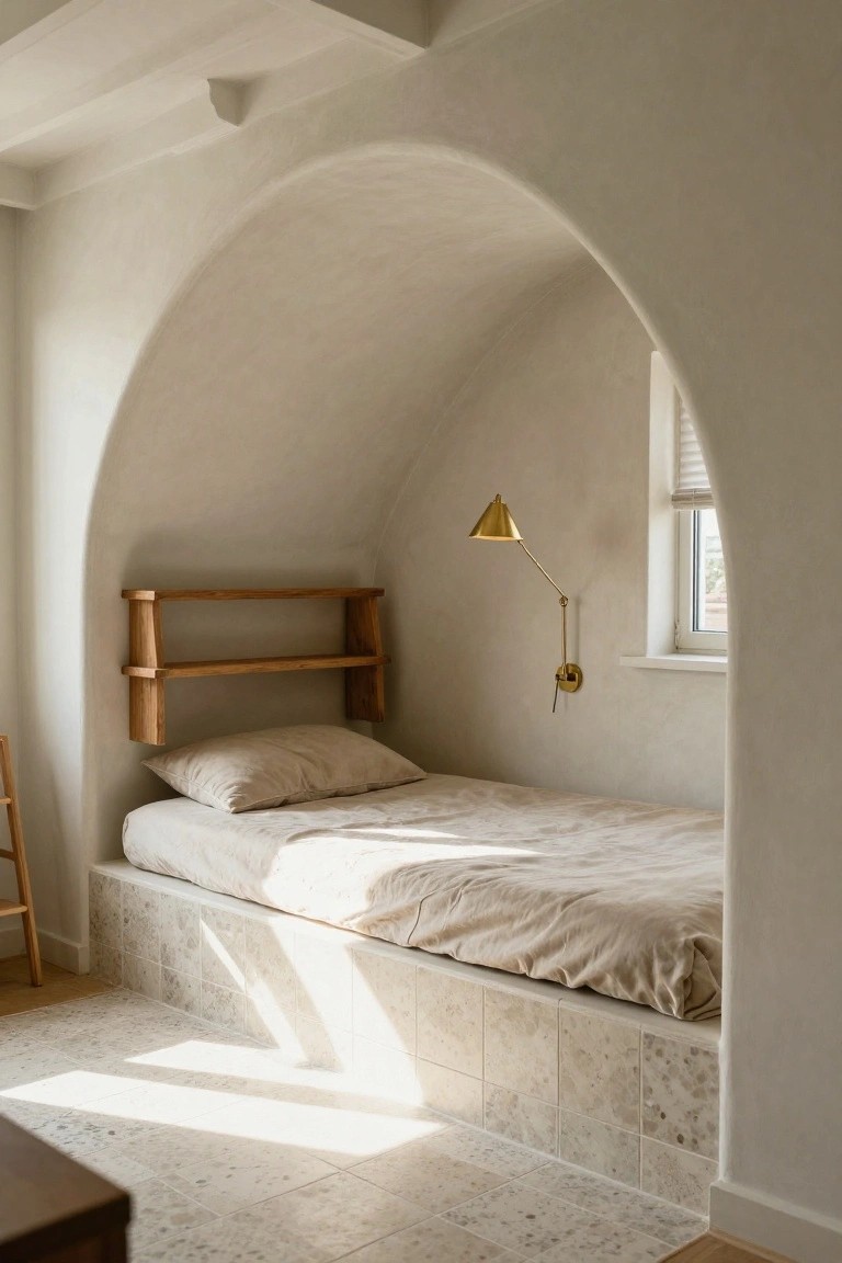 Arched plaster alcove in a bedroom with a raised platform bed covered in beige linens, wooden wall shelves above, gold swing-arm lamp next to a window with blinds, wooden ladder nearby, and light travertine tile floor.