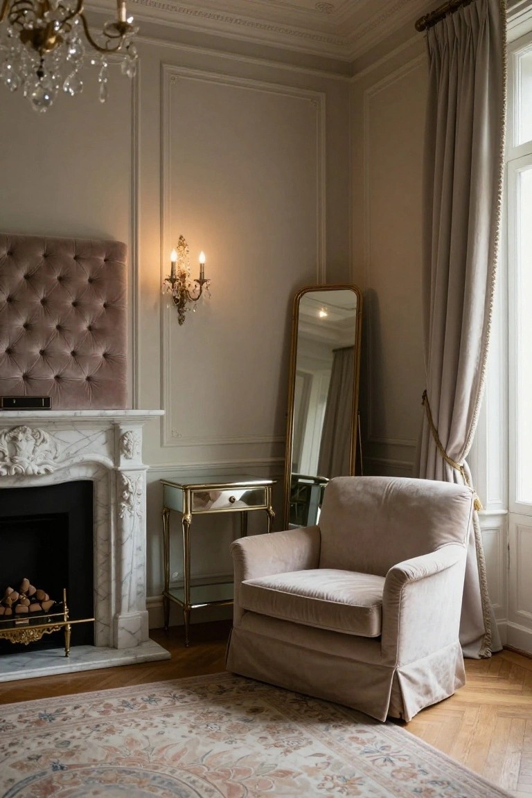 Corner of a luxury bedroom with pink tufted headboard, ornate white marble fireplace with burning logs, beige slipcovered armchair, gold console table and mirror, tall gold-framed mirror, wall sconces, chandelier, and window with beige drapes over parquet floor and oriental rug.