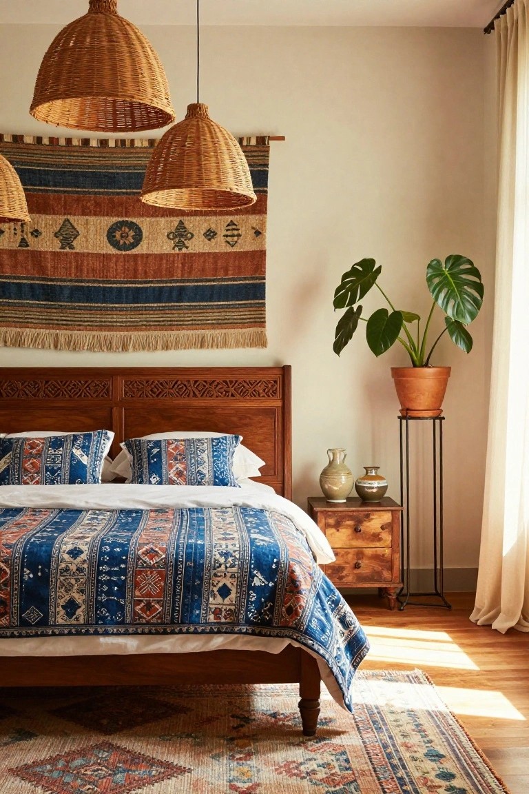 Bedroom interior with a carved wooden bed frame, blue and rust patterned bedding and pillows, a large woven wall hanging above the headboard, rattan pendant lights, a monstera plant in a terracotta pot, ceramic vases on a wooden nightstand, and a patterned rug on hardwood floors.