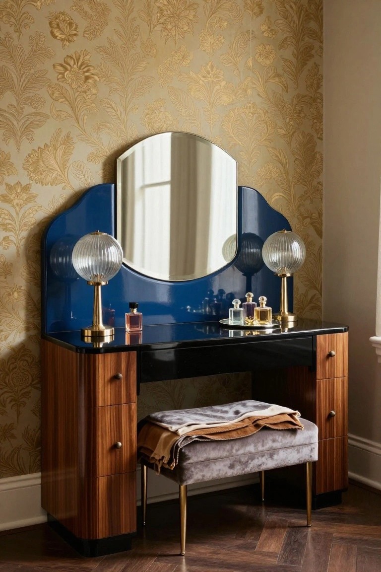 Art Deco-style vanity table featuring a curved blue lacquered frame around an oval mirror, black glass top with perfume bottles and gold-based glass lamps, flanked by wooden drawers, gray upholstered stool, against gold floral wallpaper.
