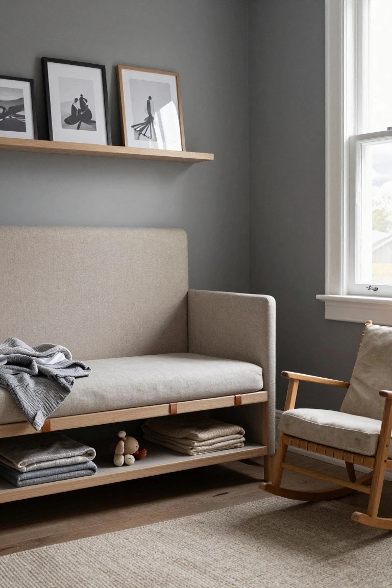 Gray room with beige upholstered bench on oak frame featuring open storage shelves below holding folded blankets and a stuffed toy, wooden rocking chair beside it, artwork on oak shelf above, and window nearby.