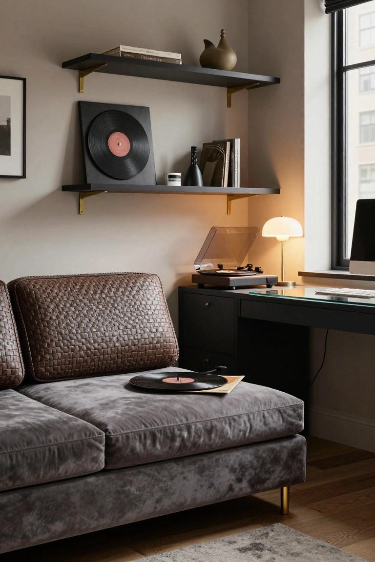 Corner of an interior room showing a low gray velvet sofa with brown braided leather bolsters and a vinyl record on it, next to a black desk with a turntable, glass top, computer screen, and shelves above holding books, records, a vase, and a lamp beside a window.