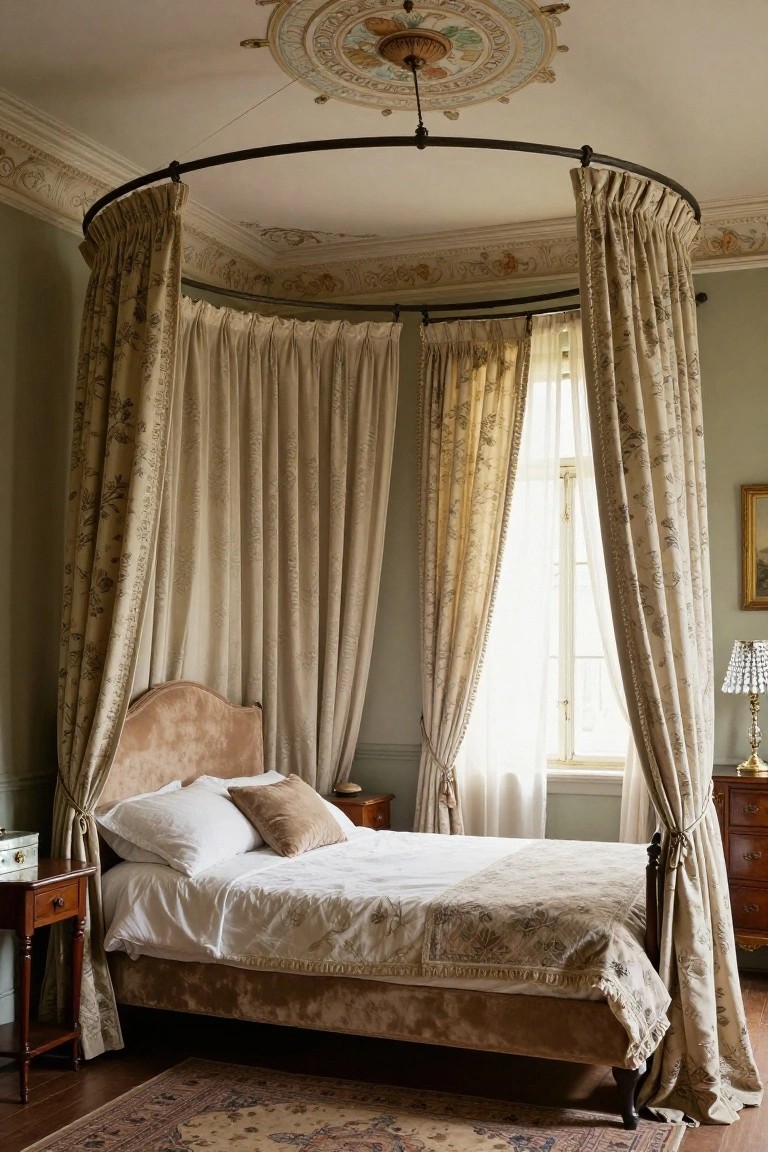 Bedroom interior with a beige velvet four-poster bed under curved draped beige curtains, white sheets, pillows, wooden nightstand, large windows with sheer curtains, ornate ceiling, and Persian rug on wood floor.