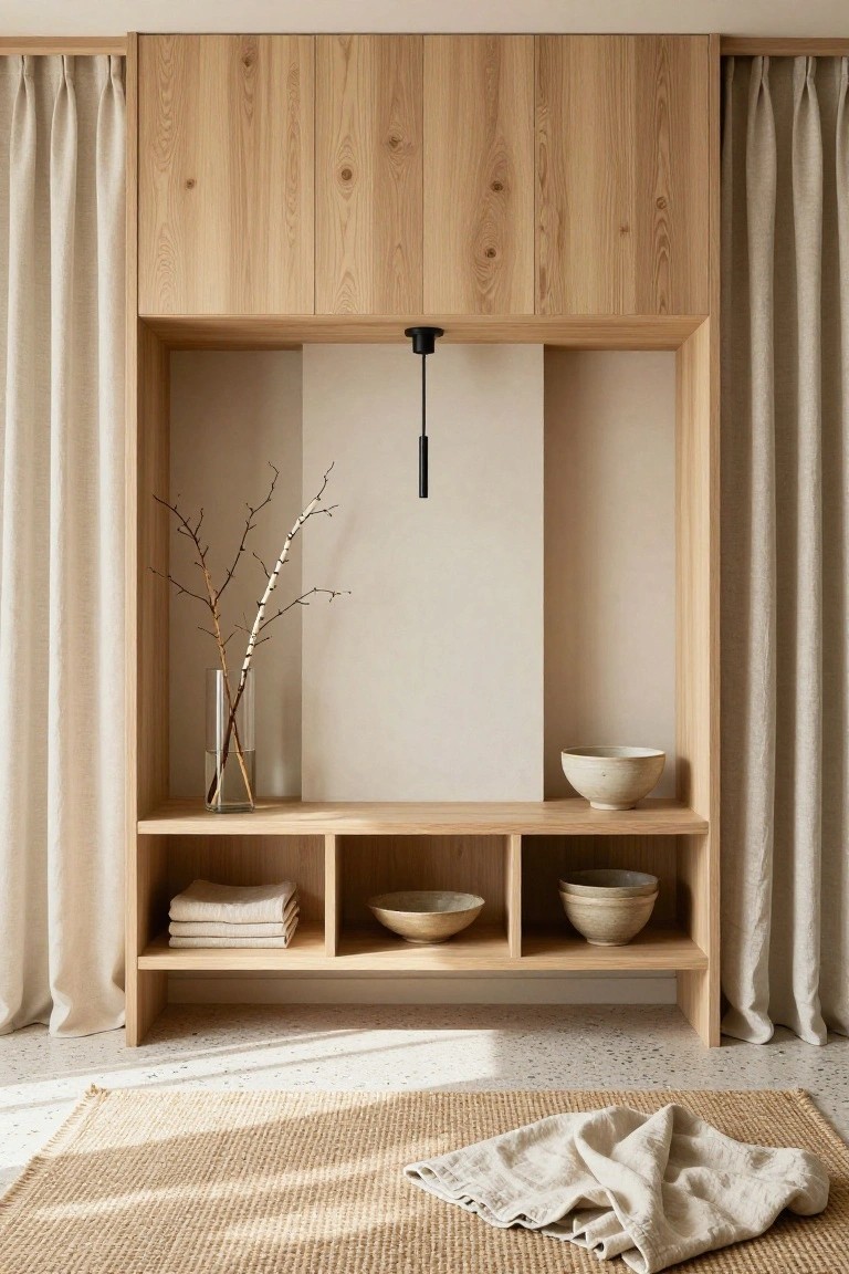 Light oak built-in shelving unit against beige walls and curtains in a bedroom, displaying branches in a vase, ceramic bowls, and folded beige towels on lower shelves, with a beige rug on the light floor.