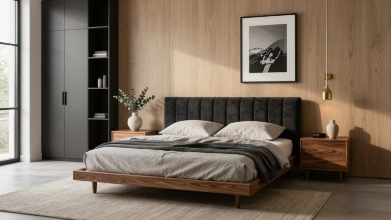 Modern bedroom with tufted charcoal gray velvet headboard featuring LED backlighting, low wooden platform bed draped in gray linen sheets and throw, bedside table holding white vase of eucalyptus, large framed black-and-white mountain landscape photo on wall, gold pendant lamp hanging from ceiling, dark built-in wardrobe with shelves and gray curtains, light gray walls and carpeted floor.