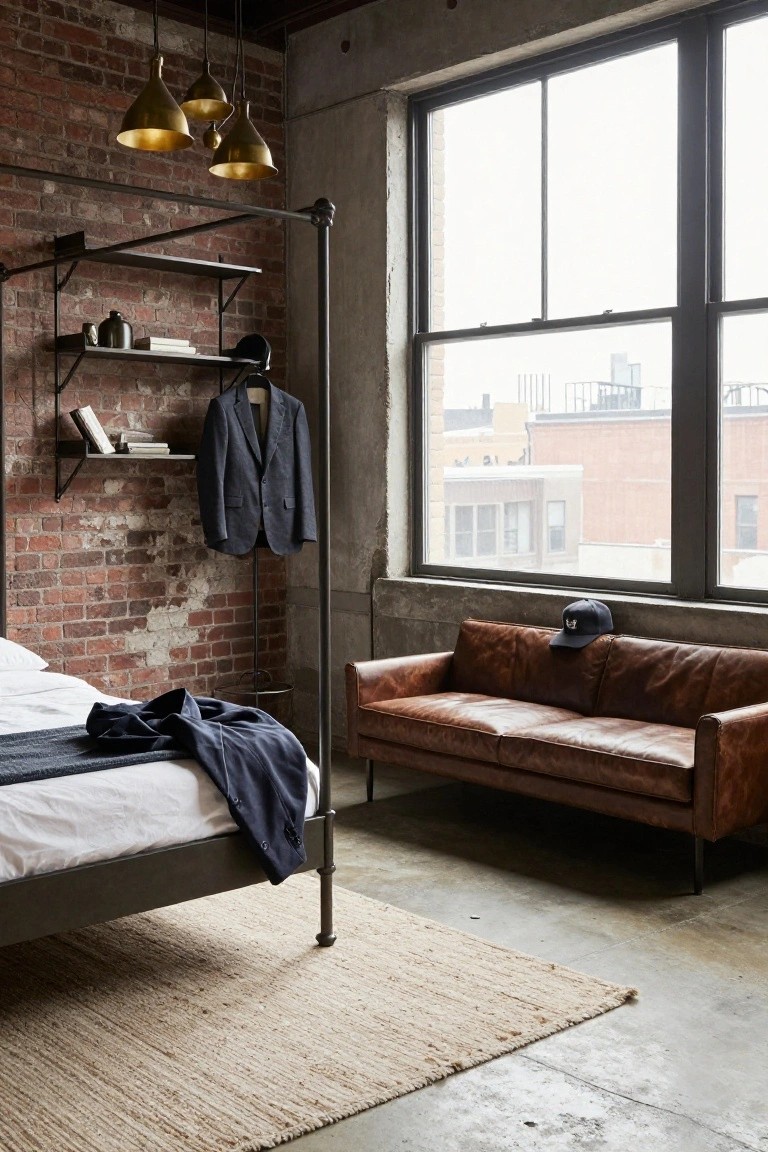 Exposed brick wall with black metal pipe shelving holding books, a jacket, and decor items next to a pipe-frame bed with white bedding and navy throw, a brown leather sofa, seagrass rug, and large windows in an industrial-style bedroom.