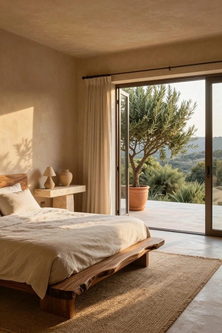 Bedroom with low live-edge wooden platform bed draped in white linens, stone pedestal nightstand holding lamp and vase, open sliding glass doors to terrace with large potted olive tree and distant hills.