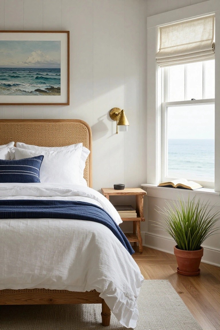 Bedroom with rattan headboard bed covered in white linens and navy throw pillows, wooden nightstand holding books and speaker, open book on ocean-view windowsill, framed seascape painting, potted grass plant, and beige roman shade.