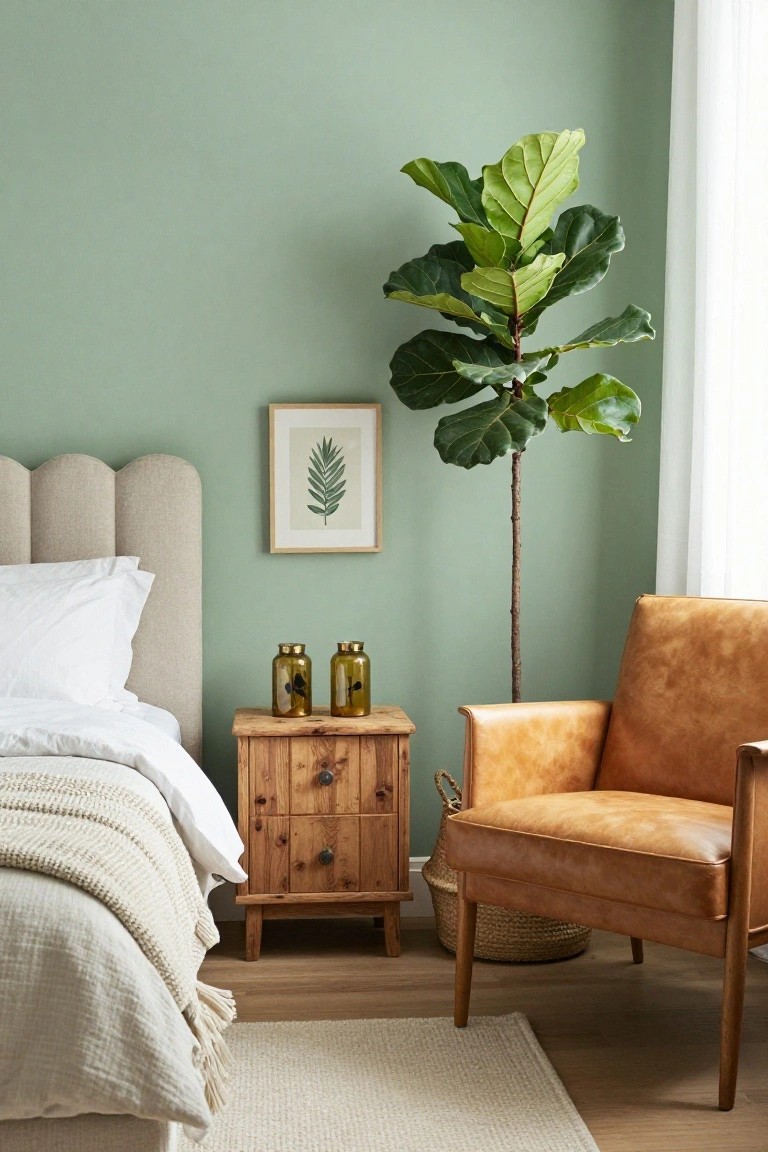 Bedroom interior with pale sage green walls, tufted beige headboard and white bedding on a bed, wooden nightstand holding two glass vases, tall fiddle leaf fig plant, tan leather armchair with wicker basket beside it, and light wood floors with a cream rug.