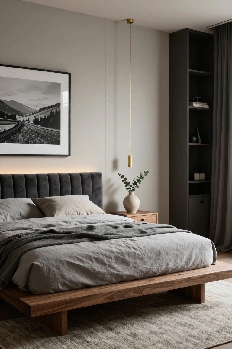 Modern bedroom with tufted charcoal gray velvet headboard featuring LED backlighting, low wooden platform bed draped in gray linen sheets and throw, bedside table holding white vase of eucalyptus, large framed black-and-white mountain landscape photo on wall, gold pendant lamp hanging from ceiling, dark built-in wardrobe with shelves and gray curtains, light gray walls and carpeted floor.