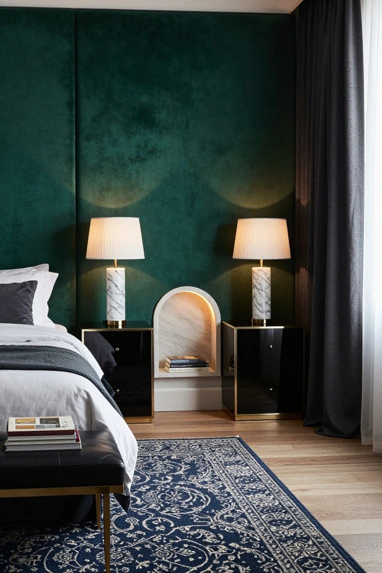 Bedroom corner showing emerald green velvet-upholstered walls behind a white bed with gray pillows and throw, black gold-trimmed nightstands holding marble lamps, arched white niche shelf with books, blue patterned rug, and black leather bench on light wood floor.