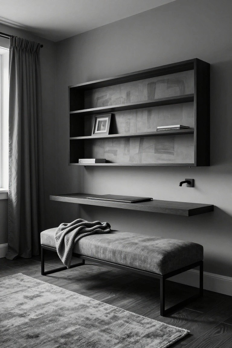 Black-and-white photo of a room corner with a large wall-mounted wooden shelving unit containing books and a framed photo, a floating wooden desk holding a laptop below it, a low fabric bench with draped blanket, gray rug on wood floor, and curtained window.