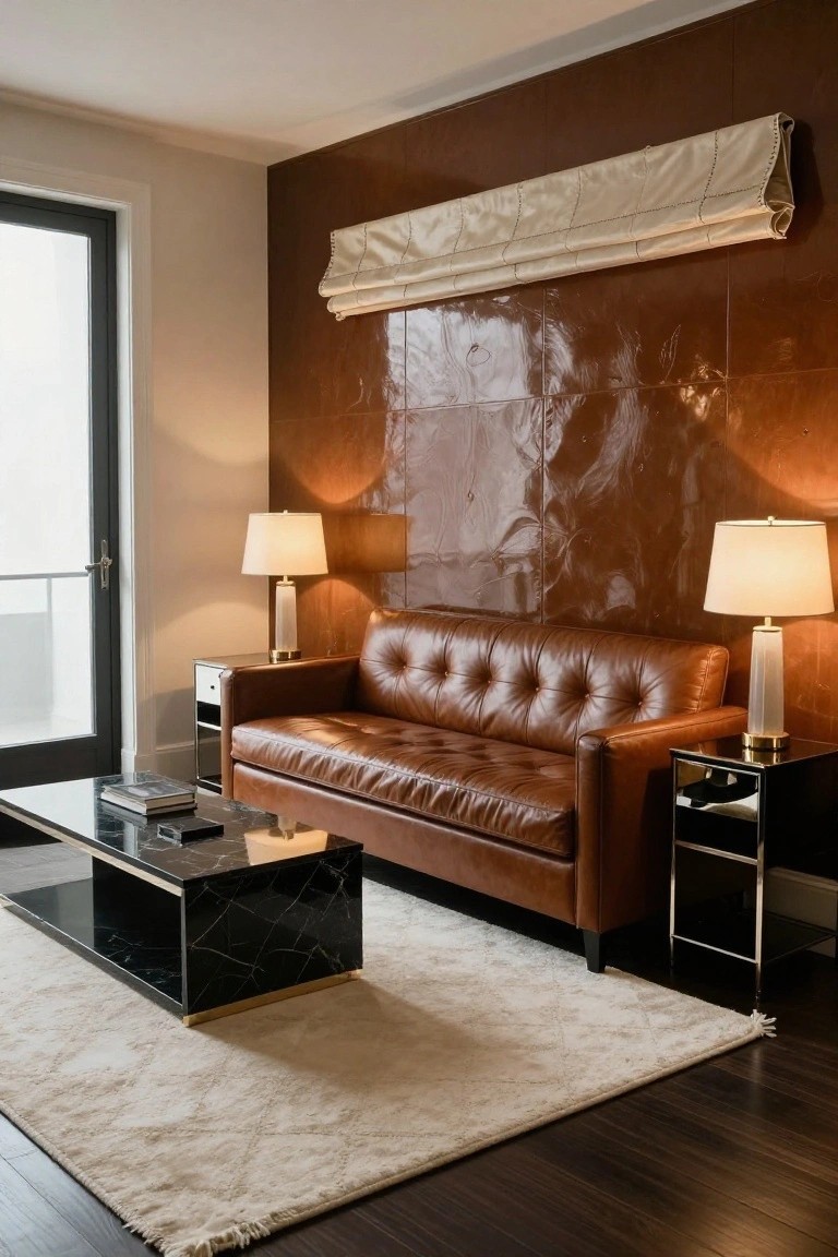 A brown tufted leather sofa sits in front of a glossy brown paneled wall, flanked by two white-shade lamps on end tables with brass bases, a black marble coffee table, and a beige rug on dark wood flooring.