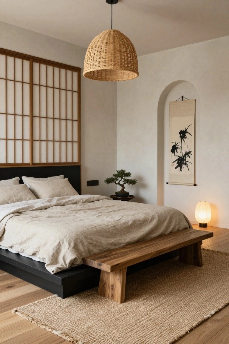 Bedroom interior with shoji screen panels as headboard wall, low black platform bed draped in beige linen sheets and pillows, bonsai plant on side table, rattan pendant light overhead, beige paper lamp, wooden bench at bed foot, and seagrass rug on light wood floors.