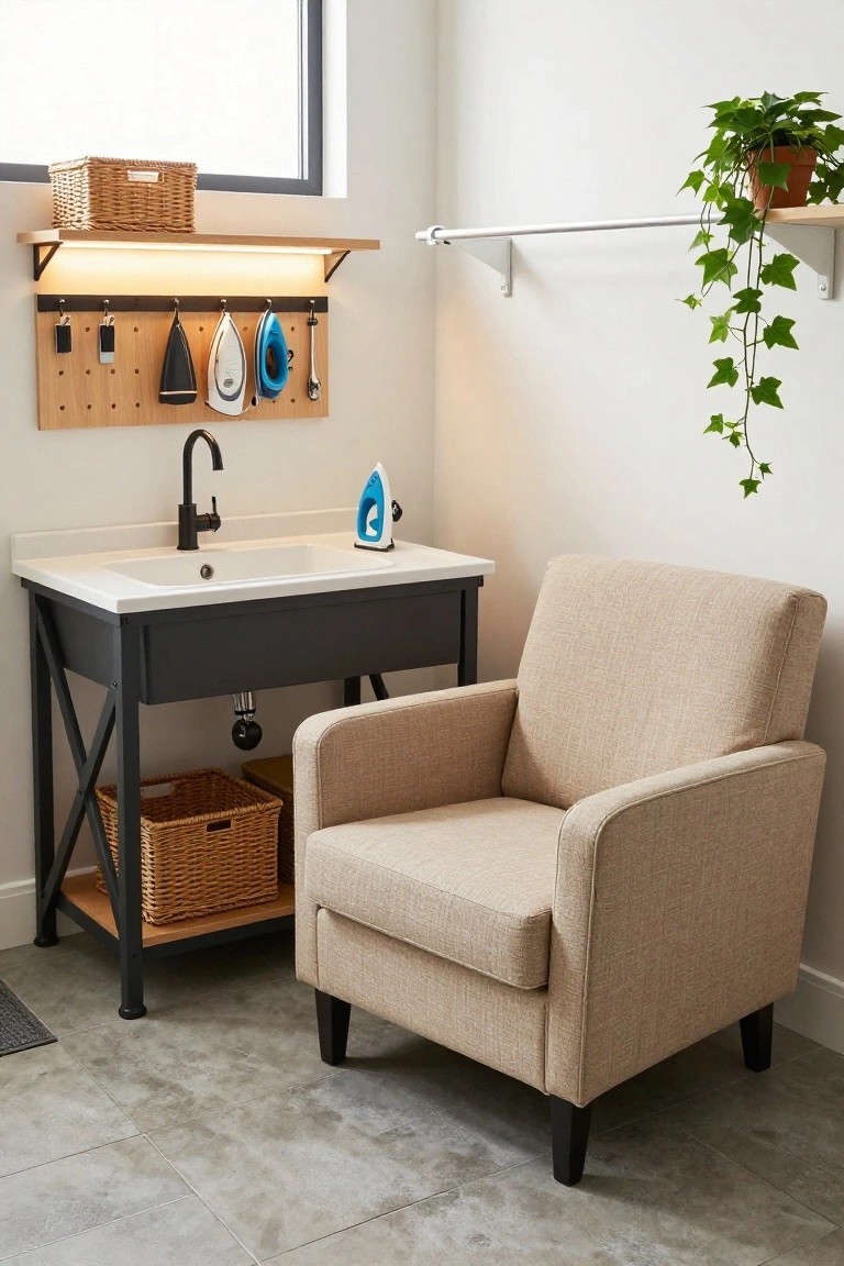 Beige fabric armchair positioned next to a black metal-framed white sink cabinet in a laundry room with wooden shelves holding baskets, a pegboard with irons and utensils, a hanging plant, and a tiled floor.