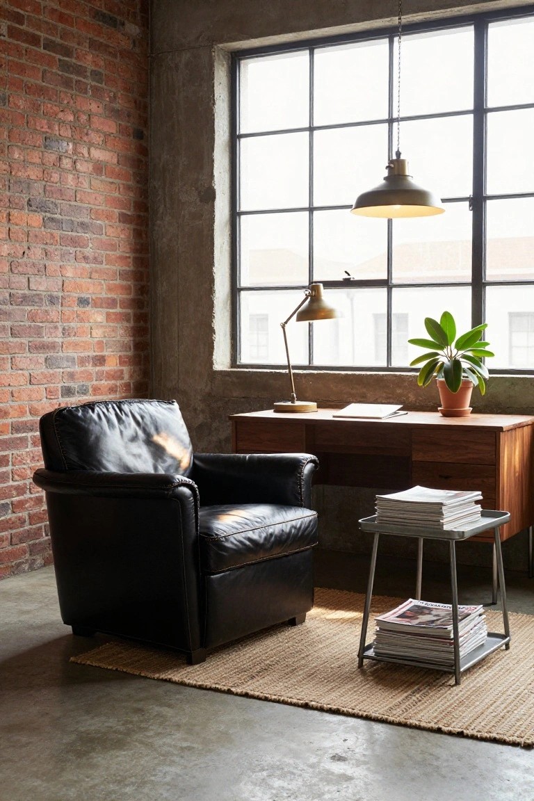 Black leather armchair next to wooden desk in exposed brick room with large metal-framed windows, hanging pendant lamp, desk lamp, potted plant, stack of magazines on side table, and seagrass rug on concrete floor.