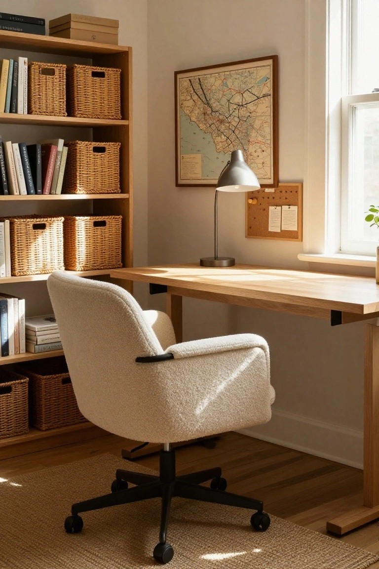 Cream boucle-upholstered swivel armchair at a wooden desk in a home office with oak bookshelves holding books and wicker baskets, a desk lamp, corkboard, and window light.