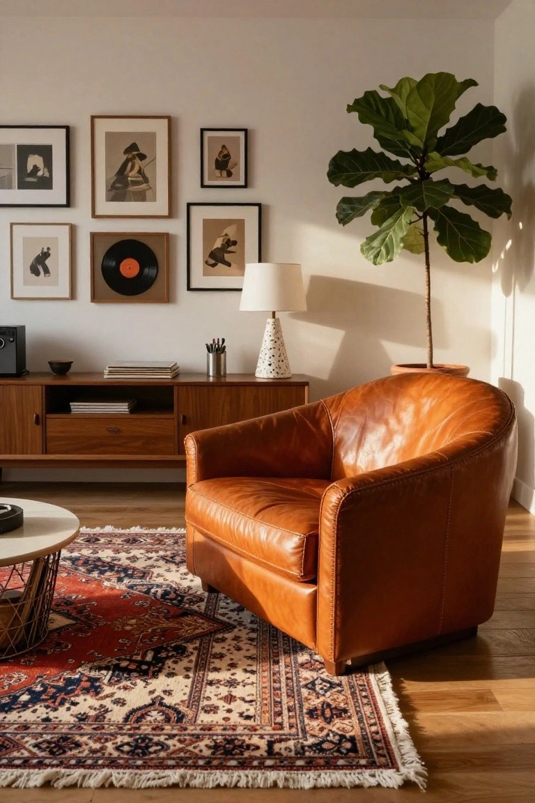 A living room corner with a curved burnt orange leather armchair on a red and blue Persian rug, wooden credenza with records and books, wall art including a vinyl record frame, fiddle leaf fig plant in terracotta pot, and white lamp.