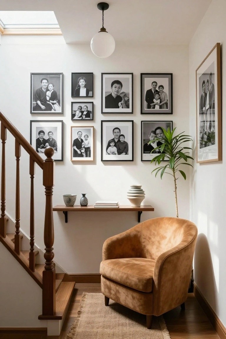 White stairwell corner with a burnt orange velvet armchair, wooden staircase, floating wooden shelf holding ceramics and books, potted plant, and multiple black-and-white framed family photos on the walls.
