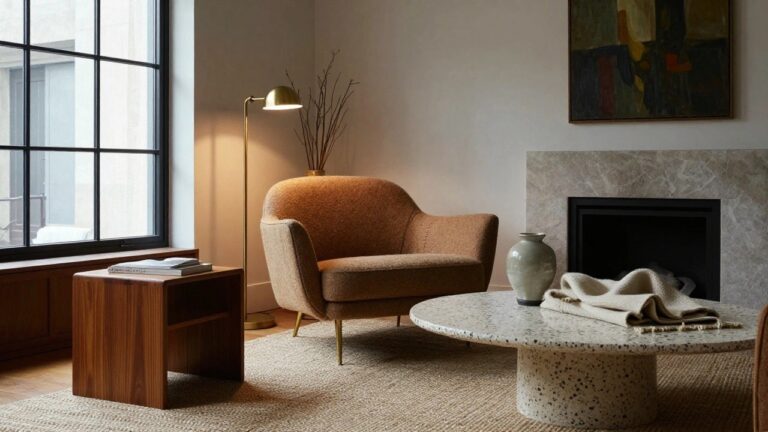 A creamy white bouclé armchair with curved arms and gold legs positioned in a wood-paneled living room corner near a limestone fireplace, side table, rug, and large window.