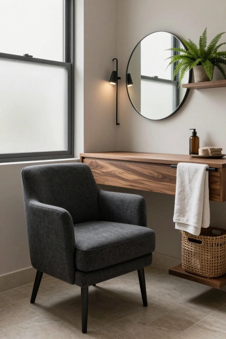 Gray upholstered armchair with black tapered legs positioned in a bathroom corner beside a floating walnut vanity topped with a lotion bottle and soap dish, under a round black-framed mirror with wall sconce lighting, fern plant on shelf, white towel, and wicker basket nearby.